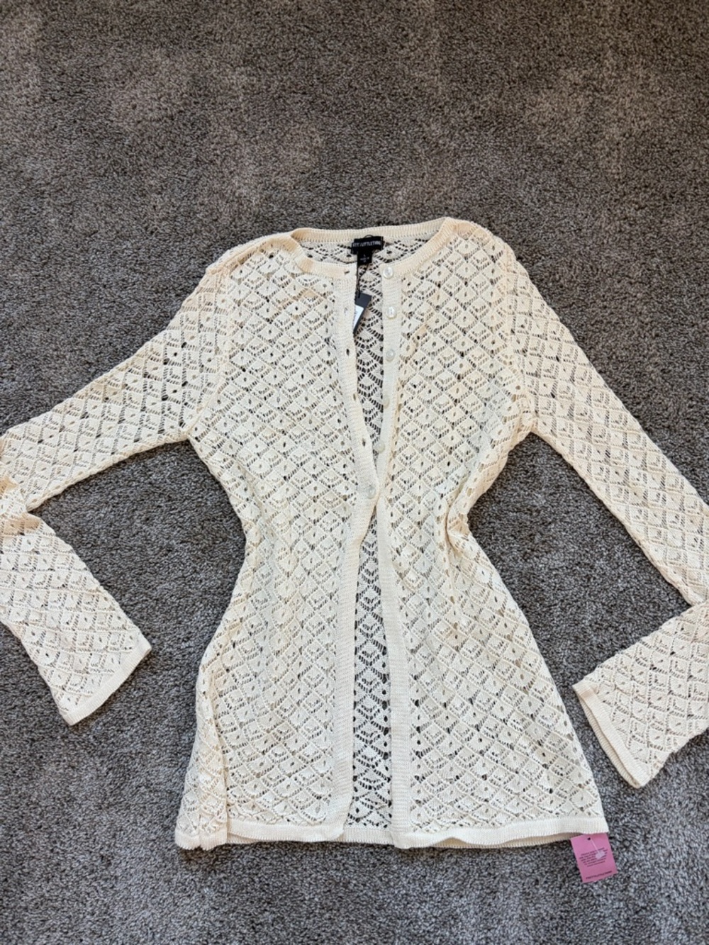 PrettyLittleThing Cream Crochet Long Sleeve Swim Coverup